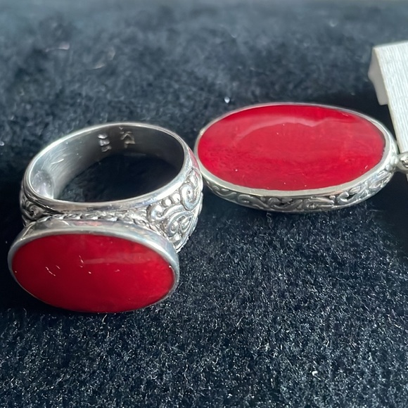 Sterling Silver red coral ring and earring set - Picture 3 of 11